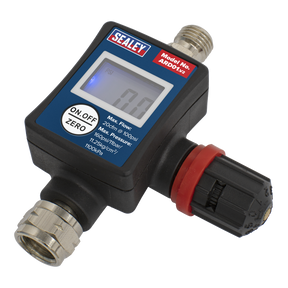 The Sealey On-Gun Digital Pressure Regulator/Gauge - ARD01 provides accurate pressure readings with a convenient digital display. Featuring an on-off button and a zero reset button, this gauge is encased in a sleek black and red design. Enhance your toolkit with this essential spray gun accessory.