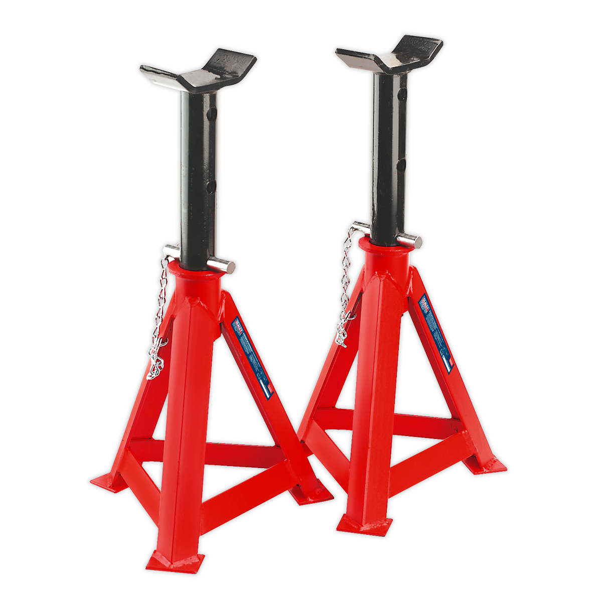 Sealey's Axle Stands (Pair) AS10000, each with a 10-tonne capacity, feature a red and black design with saddle-shaped tops and triangular bases, interconnected by safety chains. These steel stands ensure reliable load support while meeting stringent safety standards.