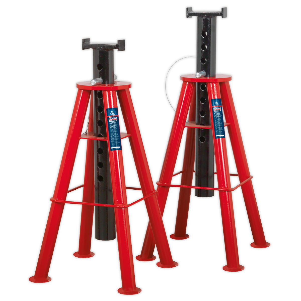 Image of a pair of Sealey Axle Stands (Model AS10H), each with a 10-tonne capacity, featuring adjustable height supports and robust steel construction, designed to securely hold commercial vehicles during maintenance work.