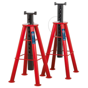 Image of a pair of Sealey Axle Stands (Model AS10H), each with a 10-tonne capacity, featuring adjustable height supports and robust steel construction, designed to securely hold commercial vehicles during maintenance work.