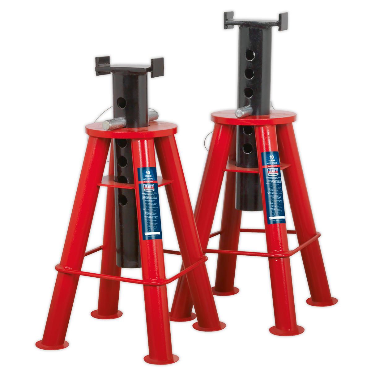 Two Sealey Axle Stands (Pair) 10 Tonne Capacity per Stand - AS10, red heavy-duty with black tops, designed for vehicle load support featuring a robust steel frame.