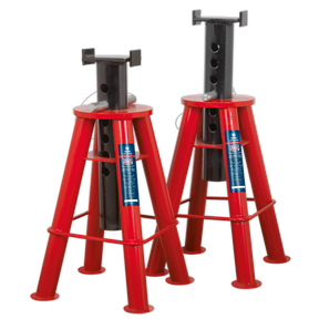 Two Sealey Axle Stands (Pair) 10 Tonne Capacity per Stand - AS10, red heavy-duty with black tops, designed for vehicle load support featuring a robust steel frame.