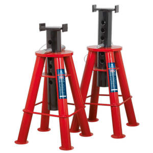 Two Sealey Axle Stands (Pair) 10 Tonne Capacity per Stand - AS10, red heavy-duty with black tops, designed for vehicle load support featuring a robust steel frame.