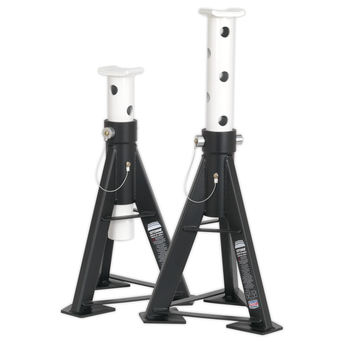 Two Sealey Axle Stands (Pair) with a 12-tonne capacity per stand, model AS12, are positioned side by side. Designed for vehicle support during maintenance, these black and white adjustable heavy-duty stands feature a robust welded steel construction for reliable performance.