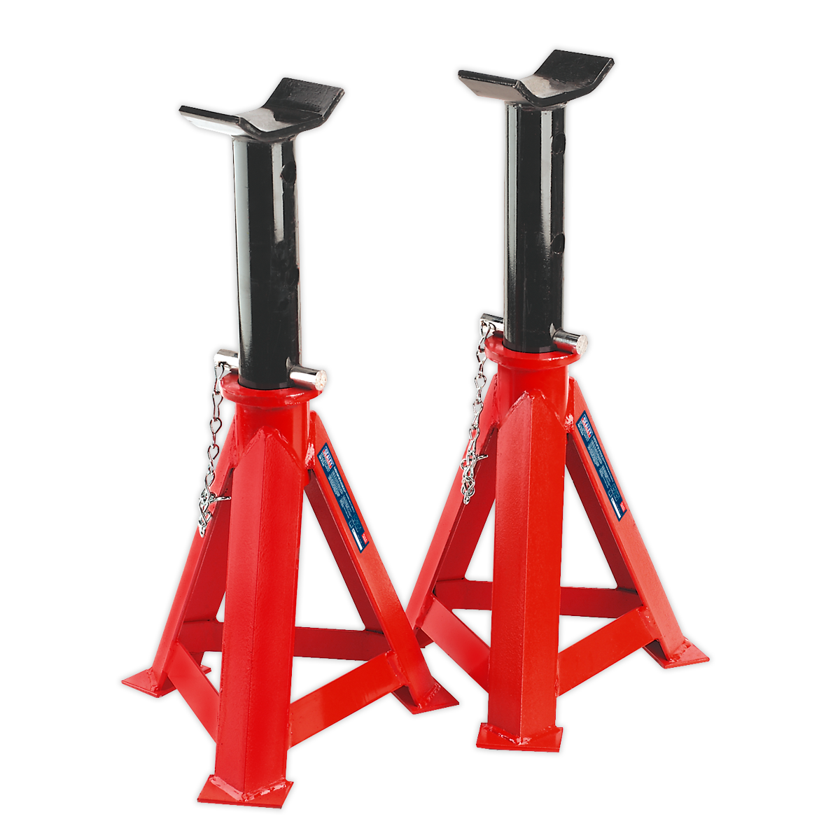 The Sealey Axle Stands (Pair) 12 Tonne Capacity per Stand - AS12000 feature two red and black steel stands with triangular bases and adjustable height mechanisms, offering excellent load support and designed to meet stringent safety standards.