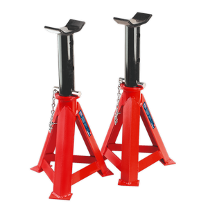 The Sealey Axle Stands (Pair) 12 Tonne Capacity per Stand - AS12000 feature two red and black steel stands with triangular bases and adjustable height mechanisms, offering excellent load support and designed to meet stringent safety standards.