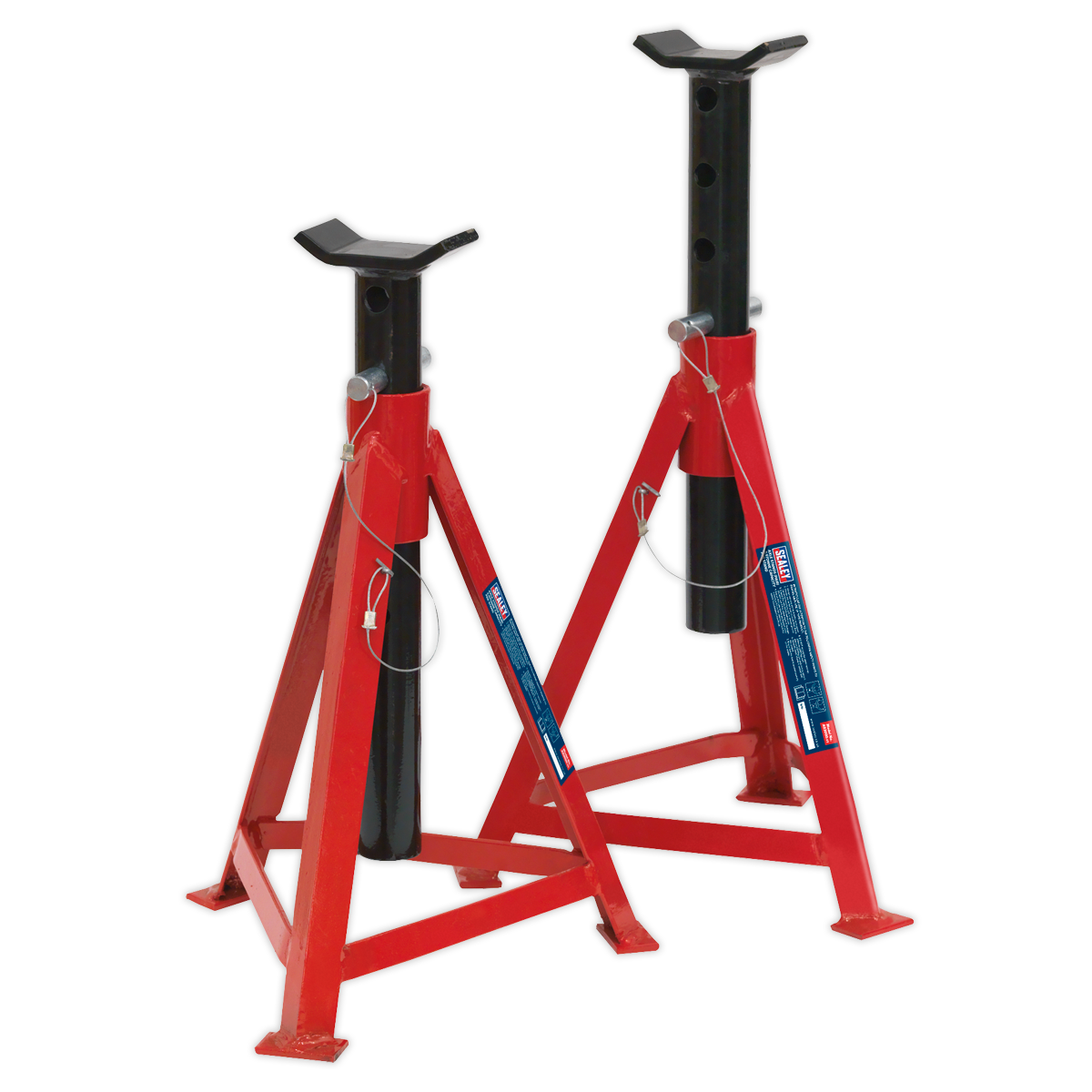 Two red Sealey metal Axle Stands (Pair) 2.5 Tonne Capacity per Stand Medium Height - AS3000, featuring adjustable height mechanisms and safety pins, adhering to the highest safety standards.