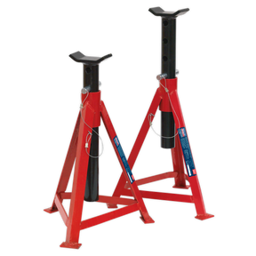 Two red Sealey metal Axle Stands (Pair) 2.5 Tonne Capacity per Stand Medium Height - AS3000, featuring adjustable height mechanisms and safety pins, adhering to the highest safety standards.