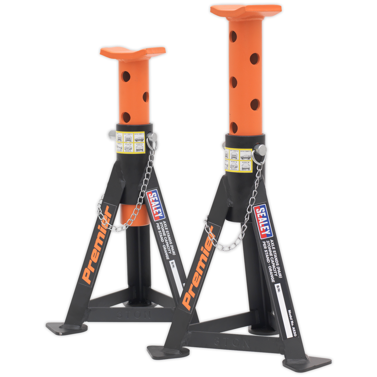 Two orange "Sealey" axle stands, each with a 3-tonne capacity, feature a heavy-duty steel frame and multi-position pin load support. The stands have adjustable heights with locking pins and a chain.