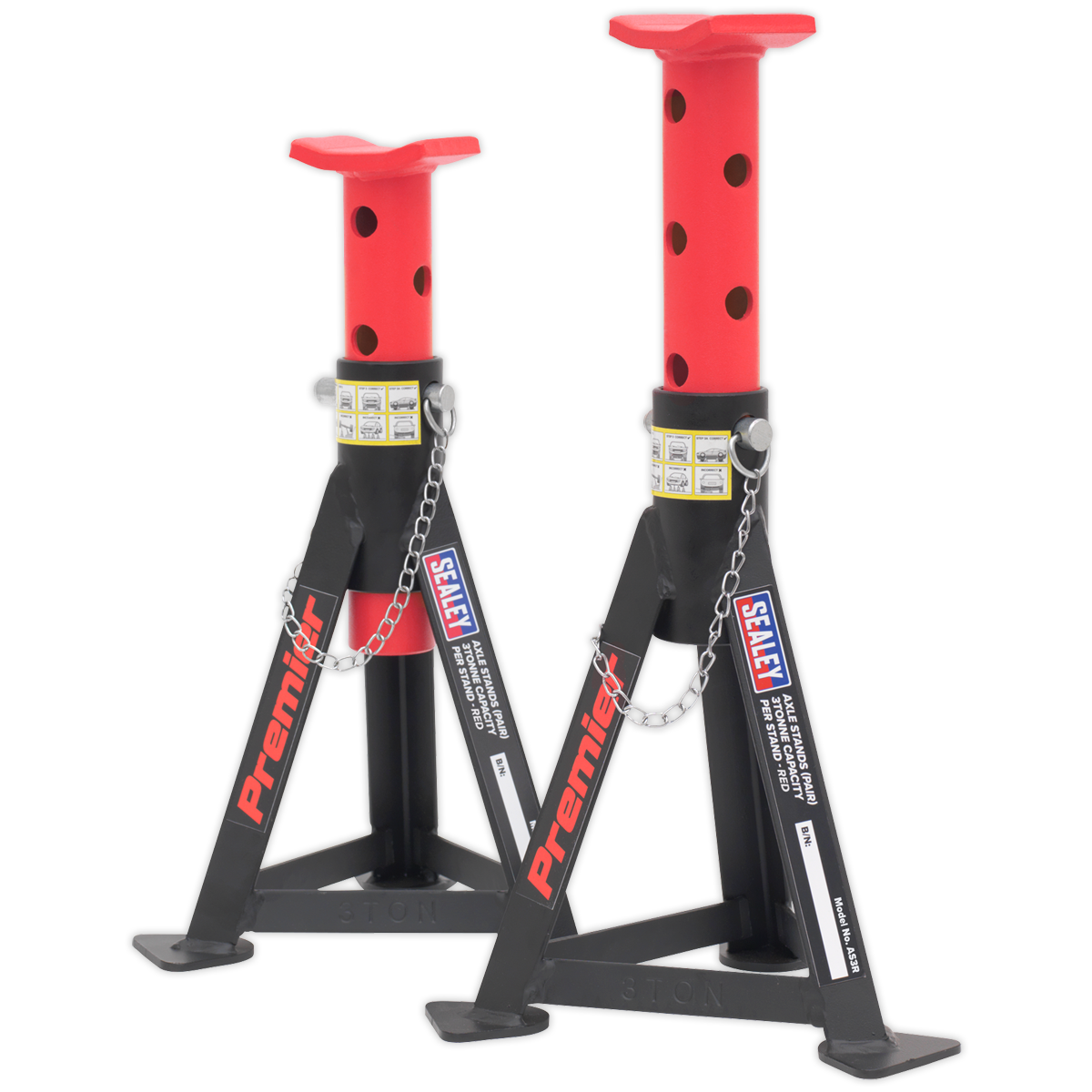 A pair of Sealey axle stands, each with a 3-tonne capacity, in red and black steel, featuring adjustable heights and built for load distribution with welded construction and safety pins.