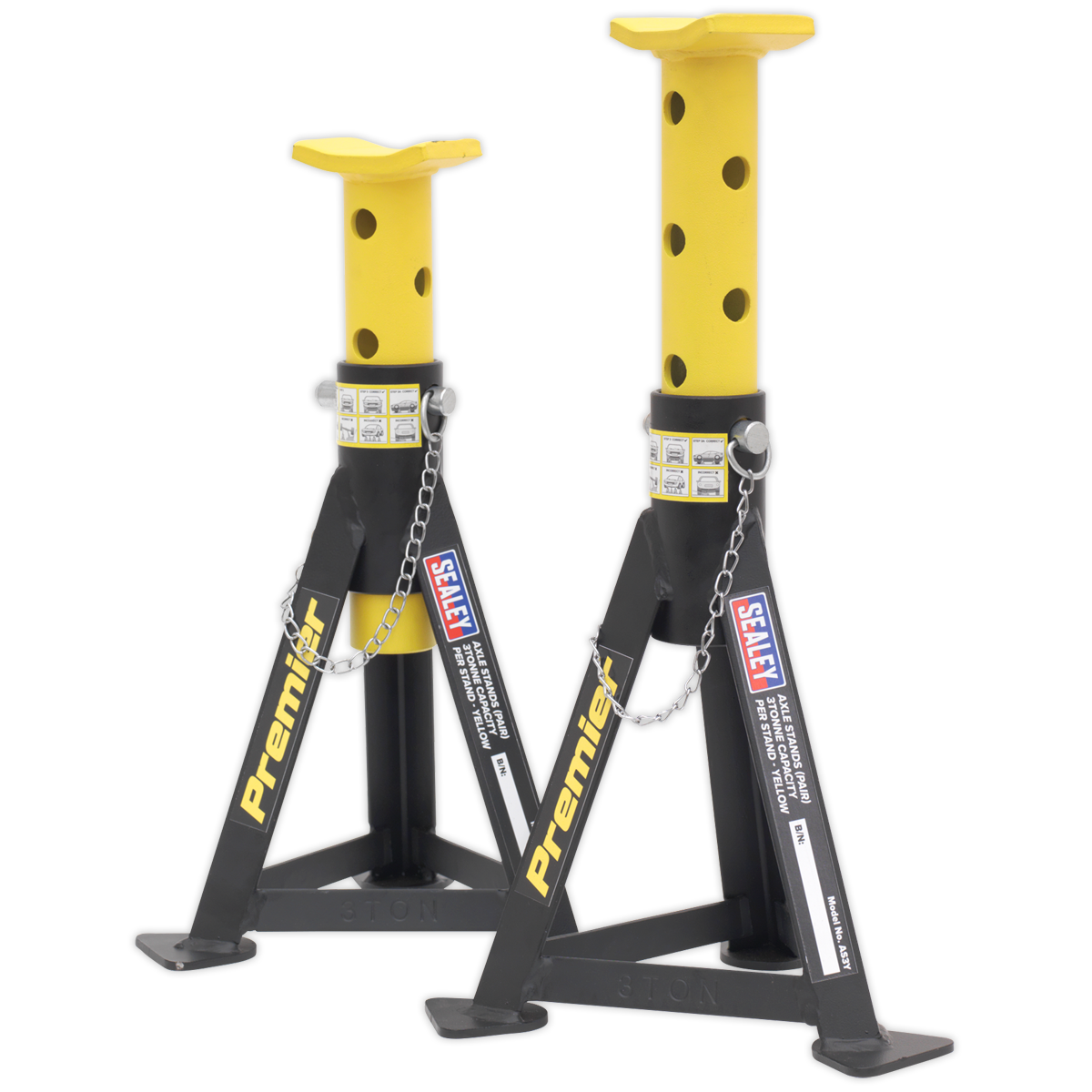 Two yellow steel jack stands with black accents from Sealey, each boasting a 3-tonne capacity and featuring adjustable height settings. These "Axle Stands (Pair) AS3Y" include multi-position pin supports connected by chains for secure load distribution.