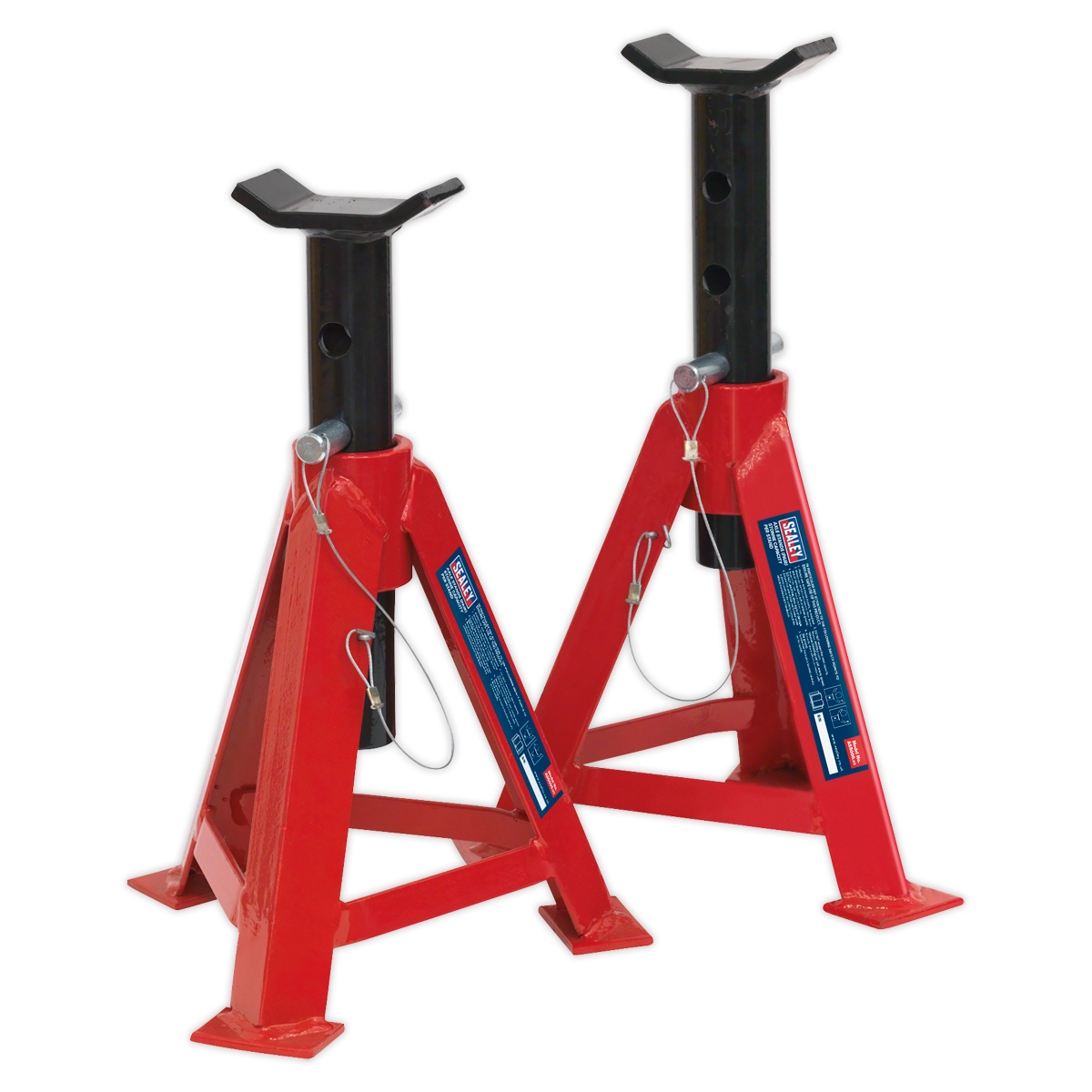 Two red steel Axle Stands (Pair) 5 Tonne Capacity per Stand - AS5000 by Sealey, featuring adjustable height mechanisms and safety pins, designed to meet rigorous safety standards for reliable load support.