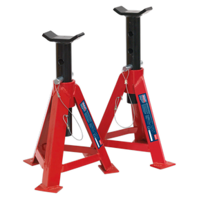 Two red steel Axle Stands (Pair) 5 Tonne Capacity per Stand - AS5000 by Sealey, featuring adjustable height mechanisms and safety pins, designed to meet rigorous safety standards for reliable load support.