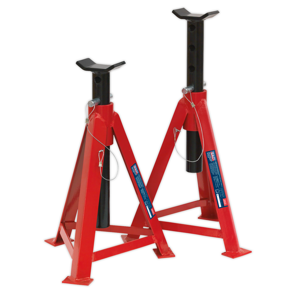 A pair of Sealey Axle Stands (AS5000M) with a 5-tonne capacity per stand, featuring adjustable height, safety pins, and stoppers, meeting top safety standards.