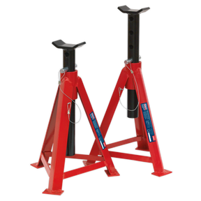 A pair of Sealey Axle Stands (AS5000M) with a 5-tonne capacity per stand, featuring adjustable height, safety pins, and stoppers, meeting top safety standards.