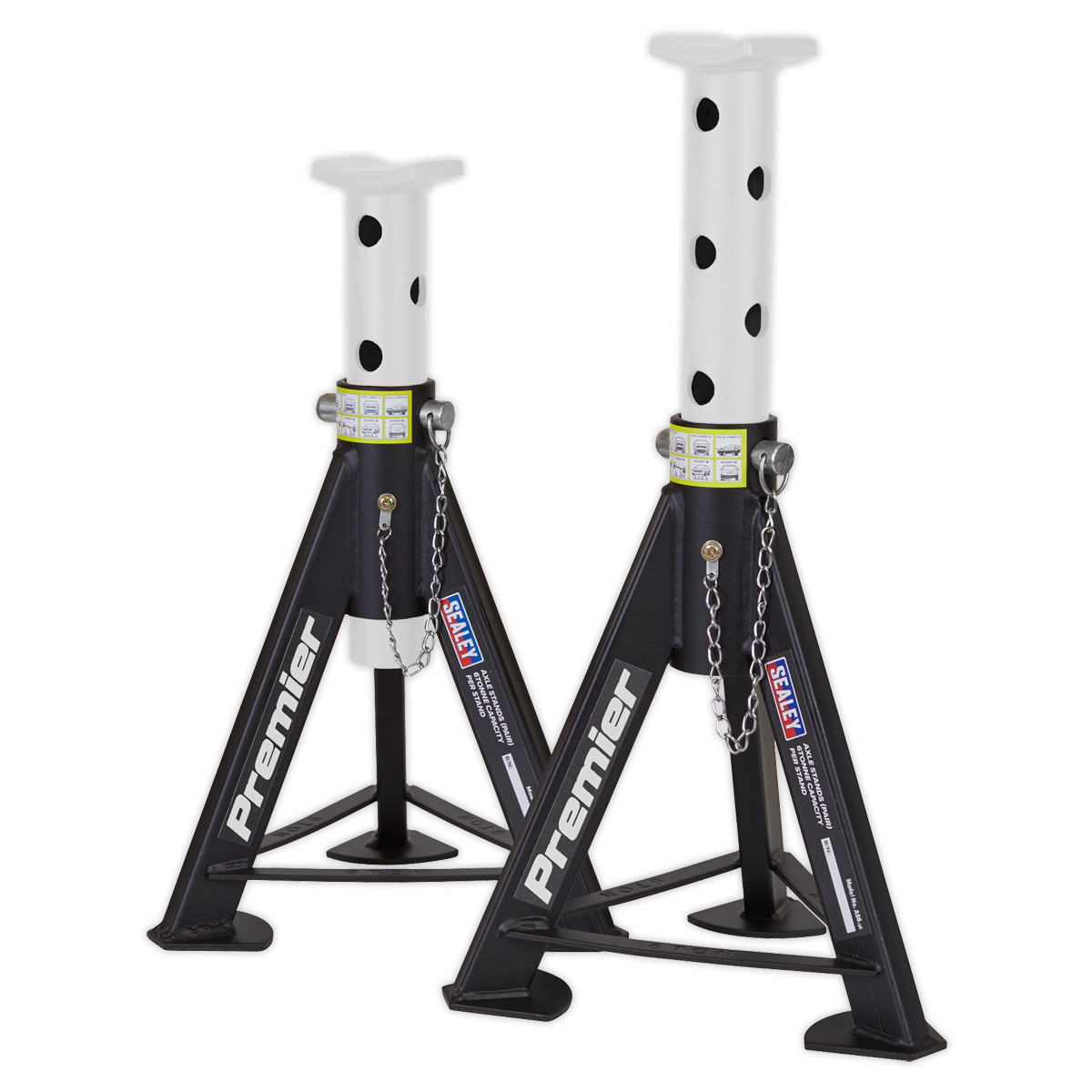 Two welded steel car jack stands labeled "Sealey Axle Stands (Pair) 6 Tonne Capacity per Stand - White," featuring heavy-duty, adjustable columns and safety chains. These stands are designed for maximum stability and reliability.