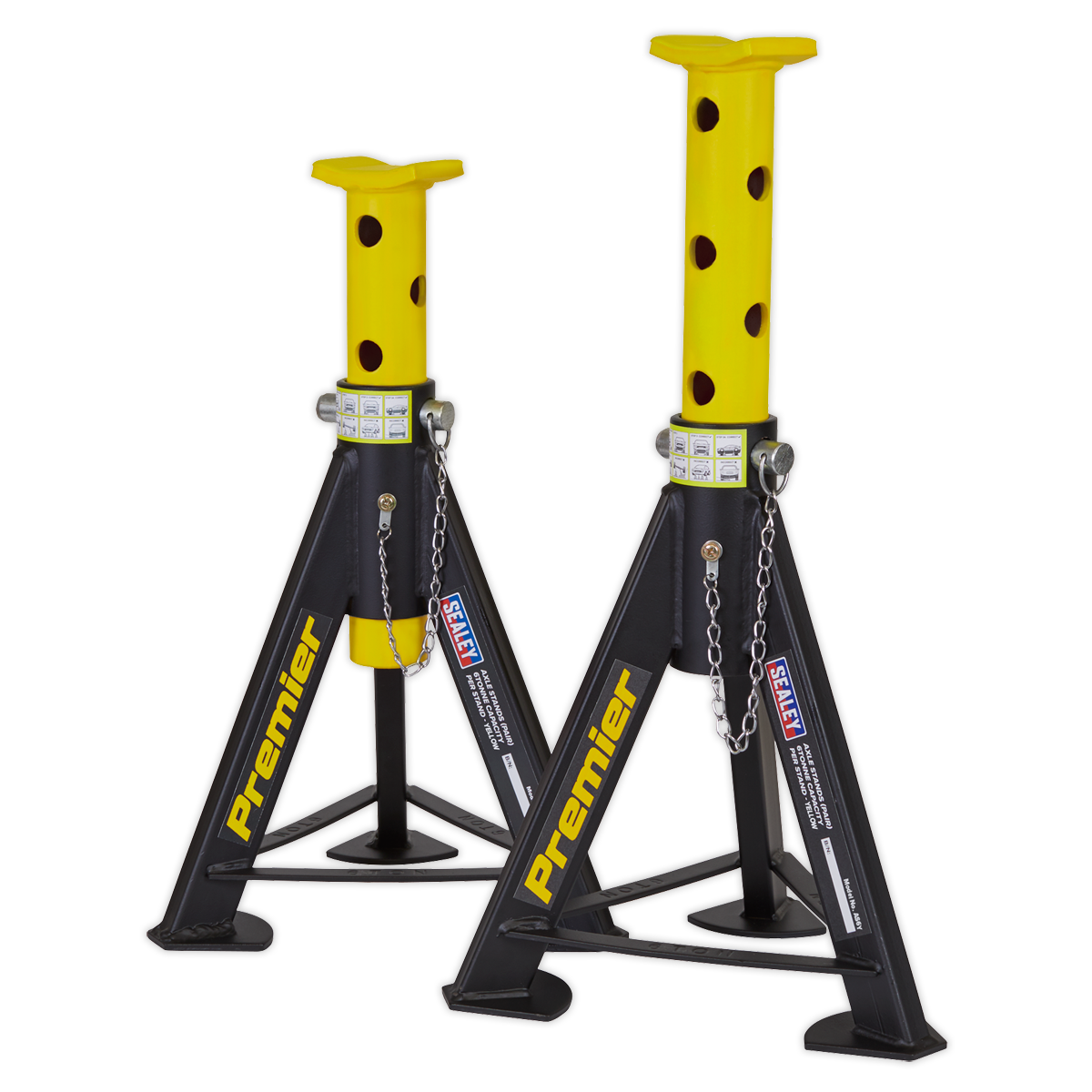 Two heavy-duty Sealey Axle Stands (Pair) with a 6 Tonne capacity per stand, model AS6Y, feature yellow and black polka dot patterns on the top supports, safety chains, and labels. These axle stands boast welded steel construction for enhanced durability.