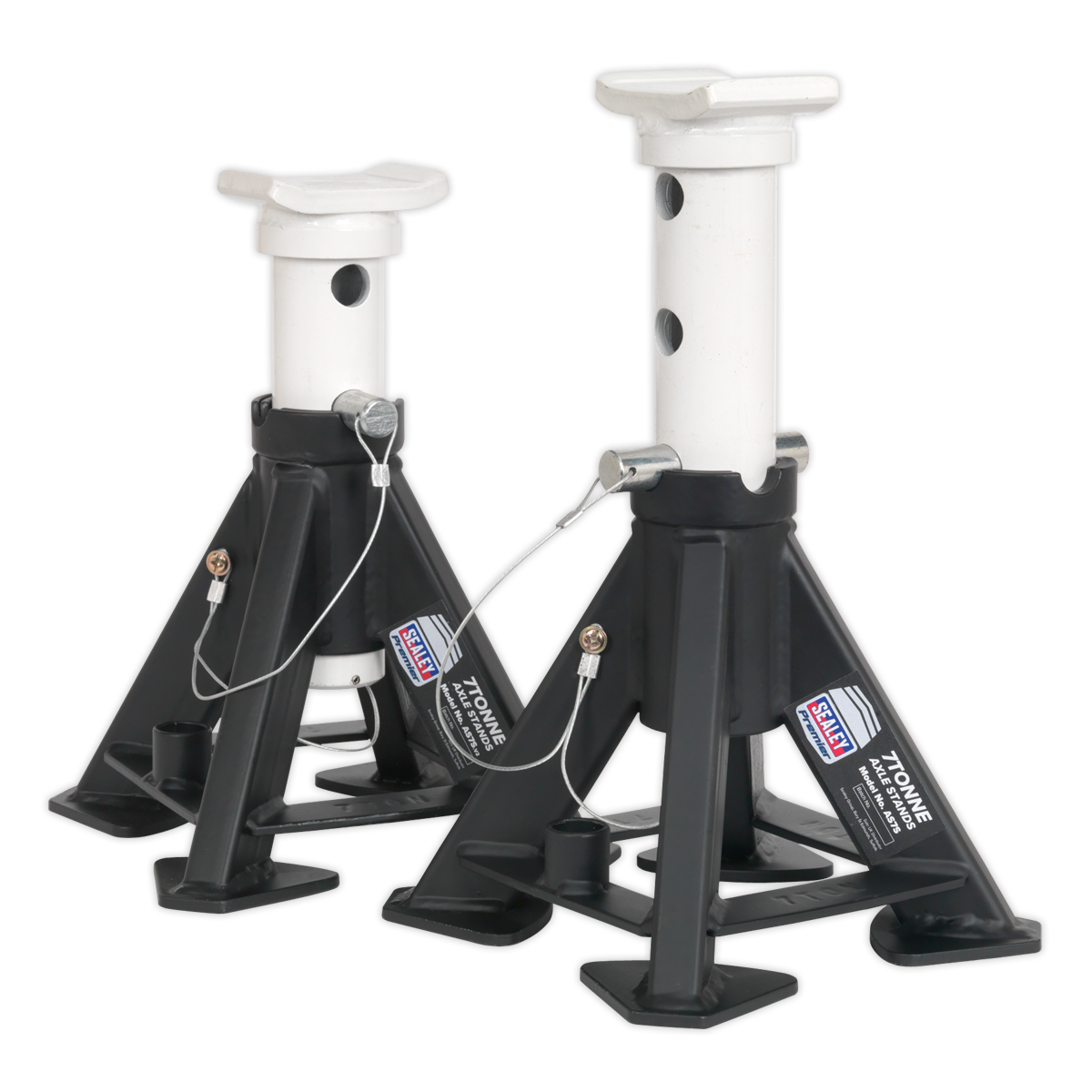 Two Sealey Short Axle Stands (Pair) 7 Tonne Capacity per Stand - AS7S, featuring adjustable height and safety pins, constructed from durable welded steel and positioned side by side.