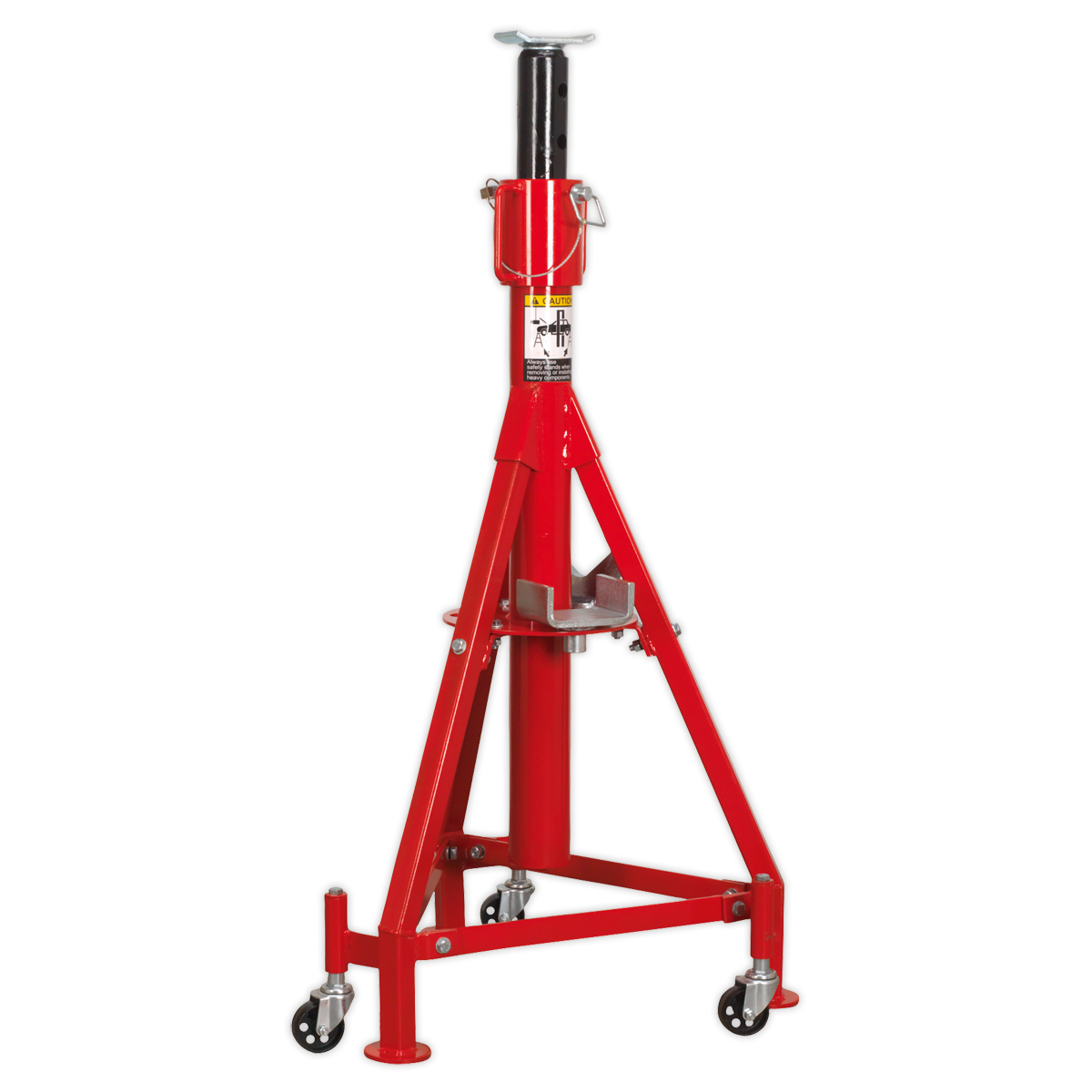 A heavy-duty support stand, the Sealey High Level Commercial Vehicle Support Stand 5 Tonne - ASC50 features a red hydraulic jack with welded steel construction, a triangular base, and four wheels, making it ideal for lifting and supporting vehicles or heavy loads.