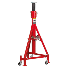 A heavy-duty support stand, the Sealey High Level Commercial Vehicle Support Stand 5 Tonne - ASC50 features a red hydraulic jack with welded steel construction, a triangular base, and four wheels, making it ideal for lifting and supporting vehicles or heavy loads.