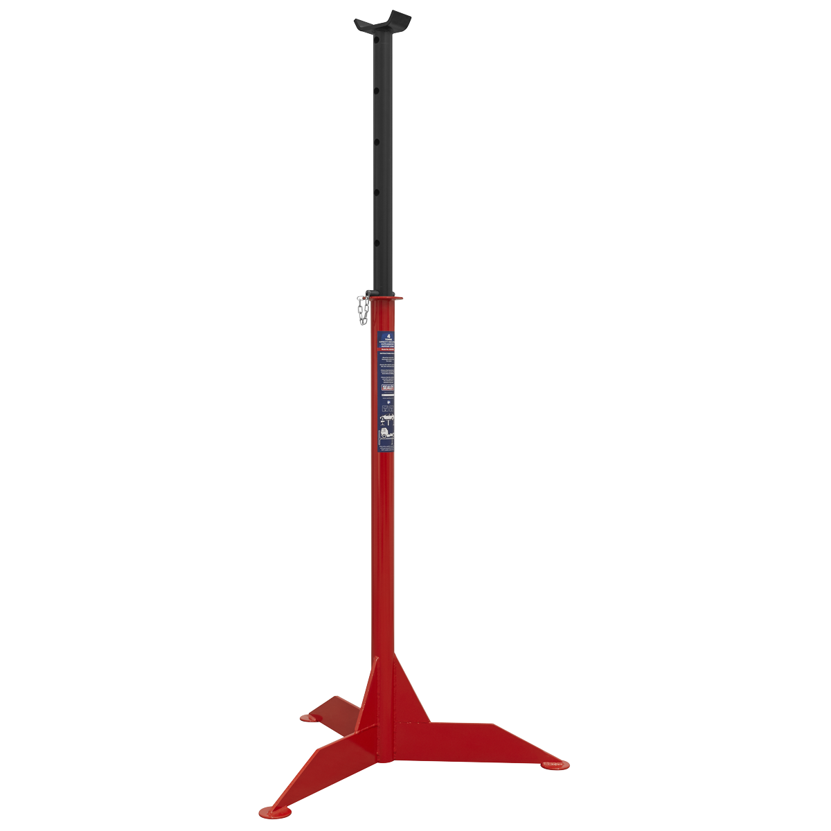 The Sealey High Level Supplementary Support Stand, ASH4000, has a 4-tonne capacity and features a red adjustable steel frame with a chain and a black top portion. The tripod jack stand is designed with a wide base for enhanced stability and dependable vehicle support.