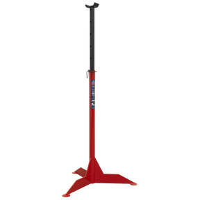 The Sealey High Level Supplementary Support Stand, ASH4000, has a 4-tonne capacity and features a red adjustable steel frame with a chain and a black top portion. The tripod jack stand is designed with a wide base for enhanced stability and dependable vehicle support.