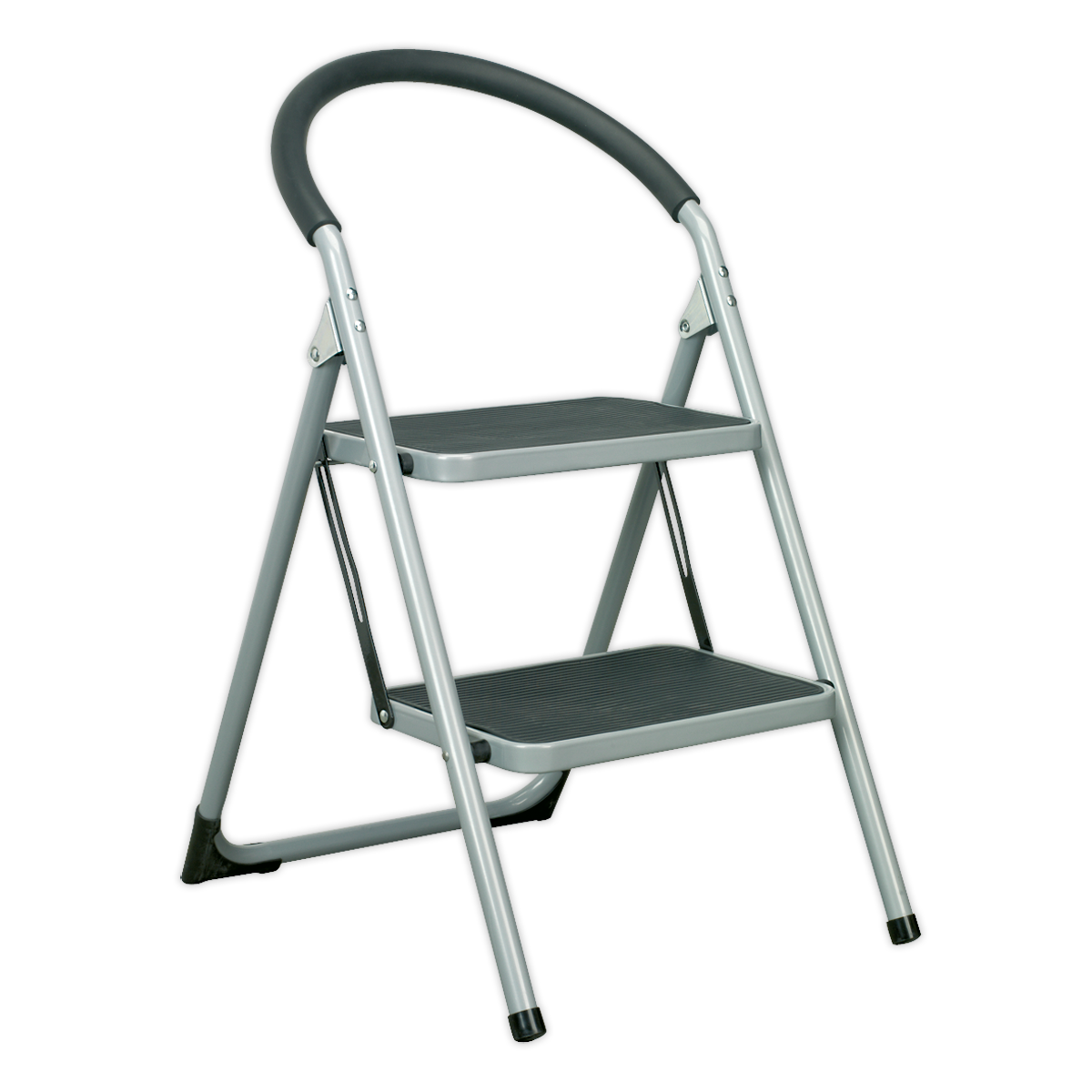 The Sealey Step Stool 2-Tread 150kg Capacity EN14183 - ASL2 is a two-step folding ladder with a gray metal frame and black rubber grip handle. It features EN 14183 approved steps with anti-slip treads and conveniently folds flat for easy storage.