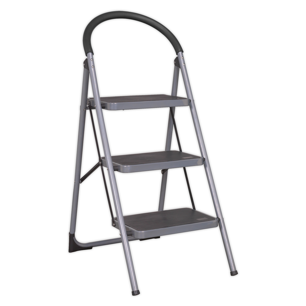 The Sealey Step Stool 3-Tread 150kg Capacity EN 14183 - ASL23 features a black and silver metal frame, anti-slip treads, and a curved handle at the top.