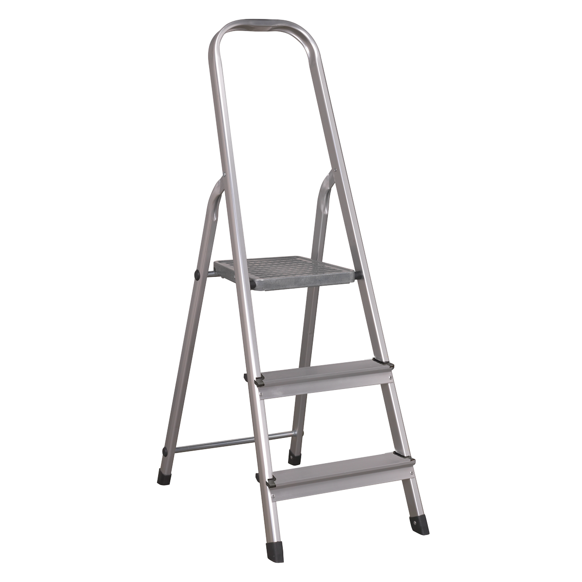 The Sealey Aluminium Step Ladder 3-Tread EN 131 - ASL3S features a silver finish, black non-slip feet, and is EN 131 Certified.