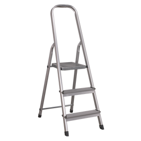 The Sealey Aluminium Step Ladder 3-Tread EN 131 - ASL3S features a silver finish, black non-slip feet, and is EN 131 Certified.