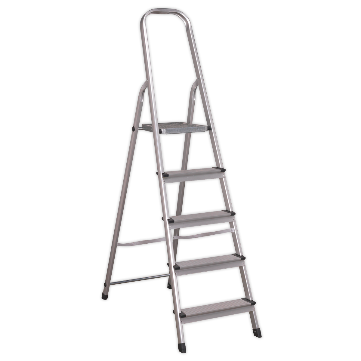 The Sealey Aluminium Step Ladder 5-Tread EN 131 - ASL5 is a sturdy five-step folding ladder featuring non-slip steps and a handle at the top, capable of supporting up to 150kg.