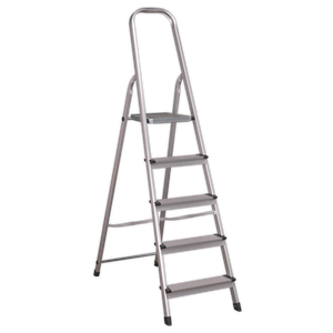 The Sealey Aluminium Step Ladder 5-Tread EN 131 - ASL5 is a sturdy five-step folding ladder featuring non-slip steps and a handle at the top, capable of supporting up to 150kg.