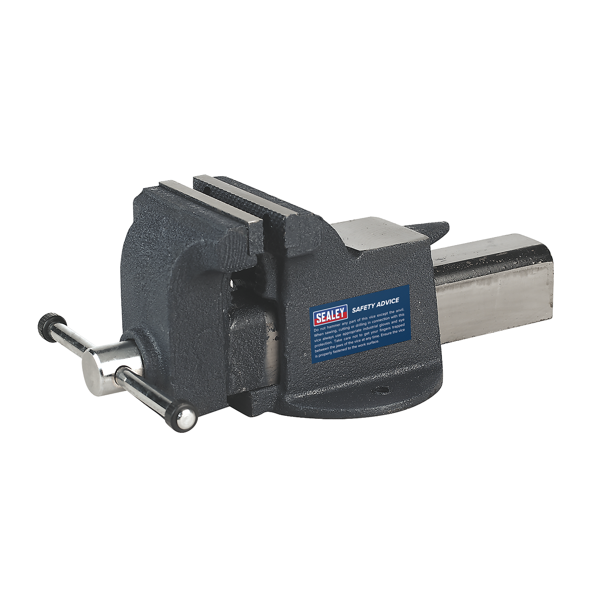 The Sealey Vice 100mm All Steel - ASV100, a heavy-duty steel vice with a screw mechanism for clamping, perfect for use in workshops or garages, is attached to a flat base with a label on the side.