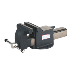 The Sealey Vice 150mm All Steel - ASV150 is a heavy-duty steel vice equipped with a large screw handle, making it perfect for workshop use. Mounted on a base, this bench mounting device features rectangular jaws to securely hold objects in place.