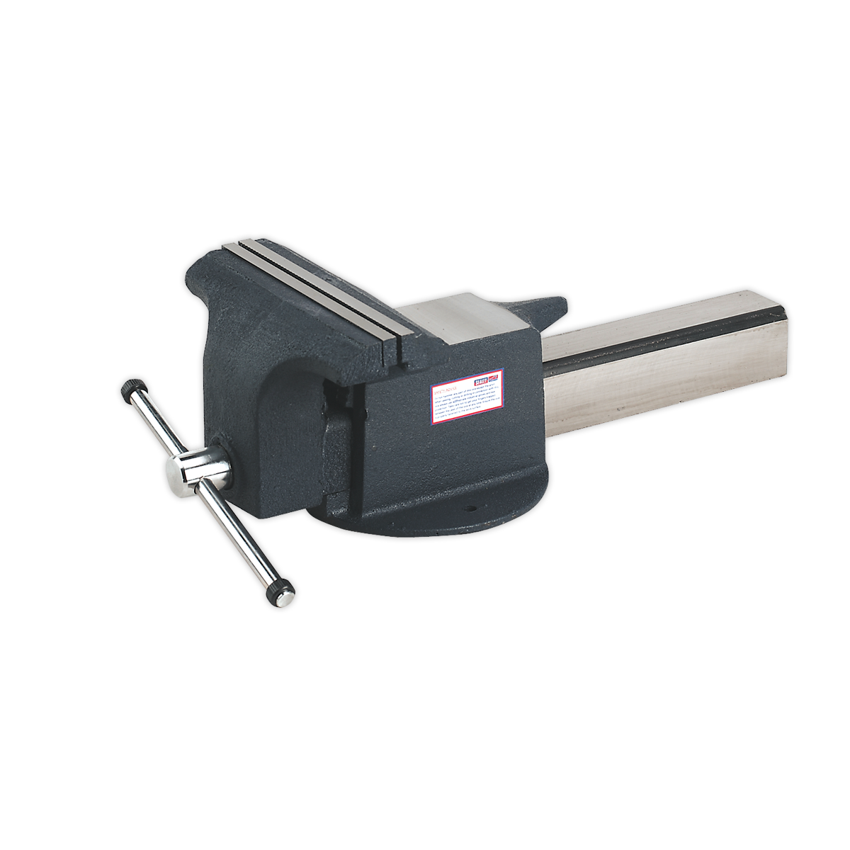 The Sealey Vice 250mm All Steel - ASV250 is a robust bench vise with a swivel base, boasting a substantial central screw and metal handle for precise jaw adjustments, making it ideal for workshop applications.