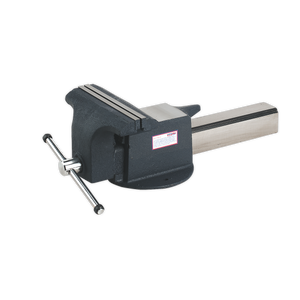 The Sealey Vice 250mm All Steel - ASV250 is a robust bench vise with a swivel base, boasting a substantial central screw and metal handle for precise jaw adjustments, making it ideal for workshop applications.