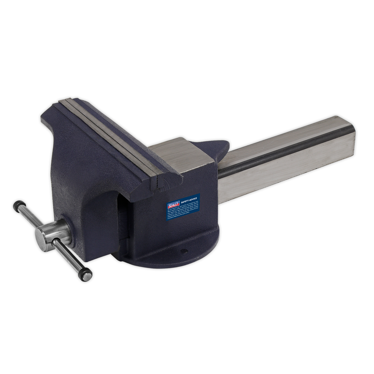 The Sealey Vice 300mm All Steel - ASV300 is a robust and durable piece of equipment with a blue body and a silver handle, specifically designed to hold objects securely during work. Perfect for workshop use, the vice features a flat base ideal for bench mounting on any sturdy workbench.