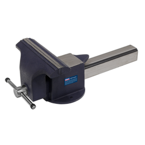 The Sealey Vice 300mm All Steel - ASV300 is a robust and durable piece of equipment with a blue body and a silver handle, specifically designed to hold objects securely during work. Perfect for workshop use, the vice features a flat base ideal for bench mounting on any sturdy workbench.