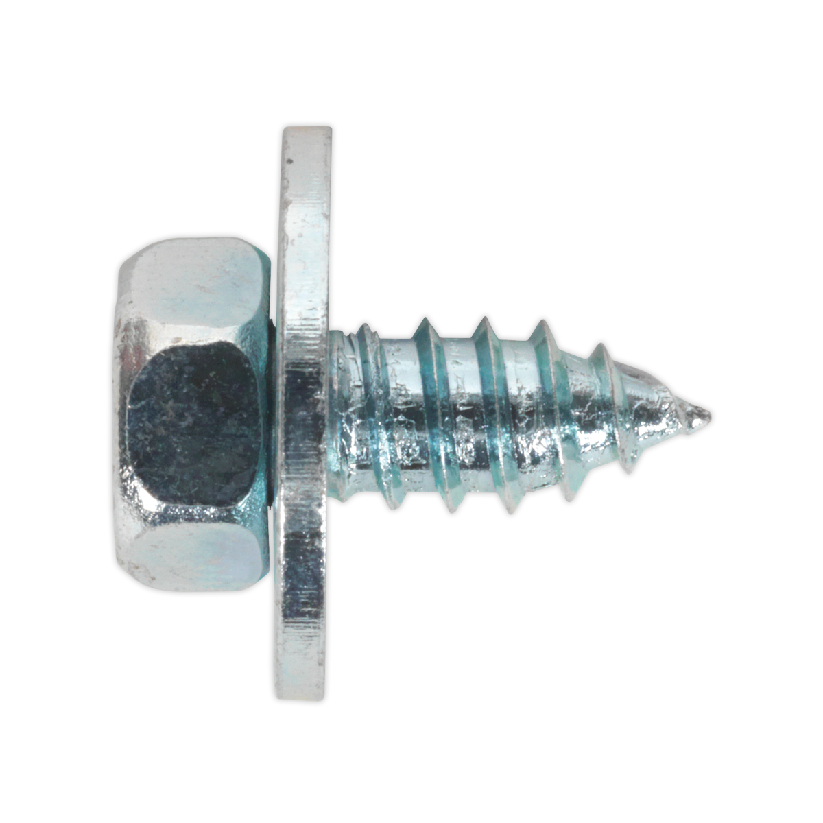 A close-up image of Sealey's Acme Screw with Captive Washer M14 x 1/2" Zinc (Pack of 100) - ASW141, featuring a hexagonal head and an attached washer.