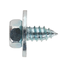 A close-up image of Sealey's Acme Screw with Captive Washer M14 x 1/2" Zinc (Pack of 100) - ASW141, featuring a hexagonal head and an attached washer.