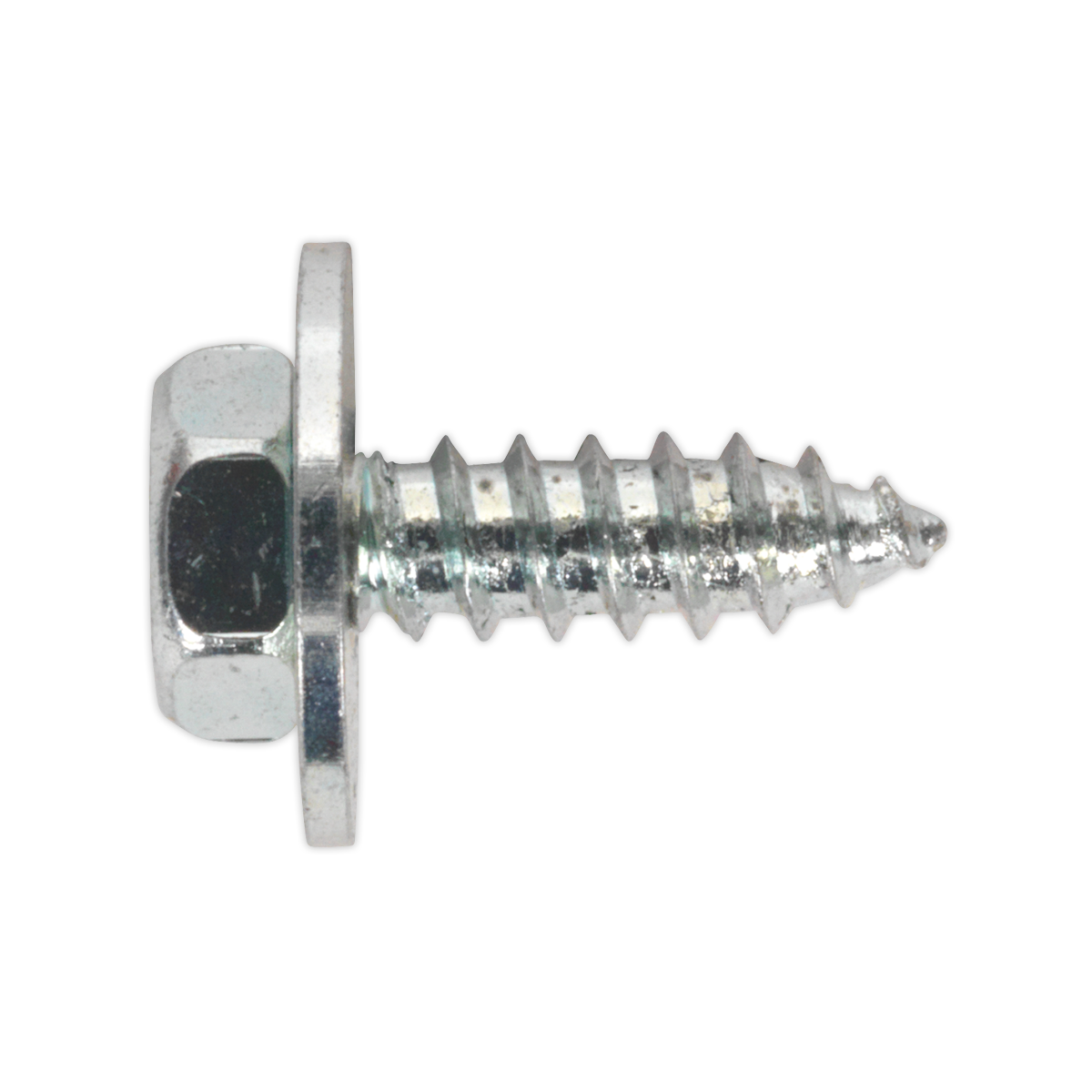 A close-up image of a Sealey Acme Screw with Captive Washer M8 x 1/2" Zinc Pack of 50 (ASW812). This screw features a threaded shank designed for securing materials and adheres to BS 7976/6903/B standards.