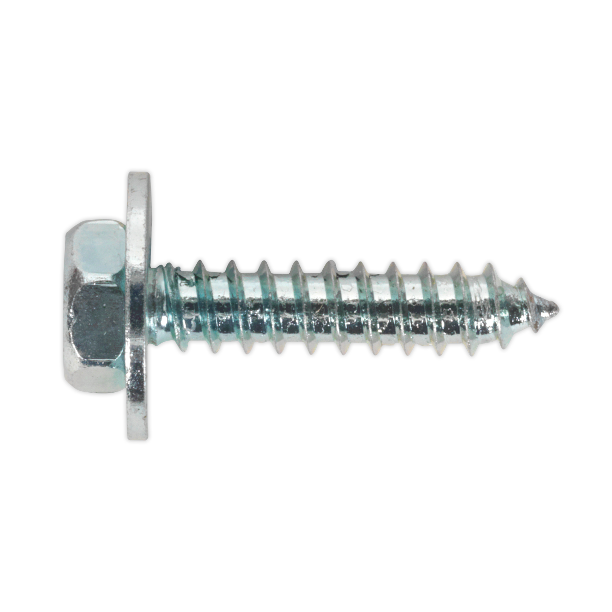 Close-up of the Sealey Acme Screw with Captive Washer M8 x 3/4" Zinc, featuring a partially threaded shank, packaged in a resealable bag.