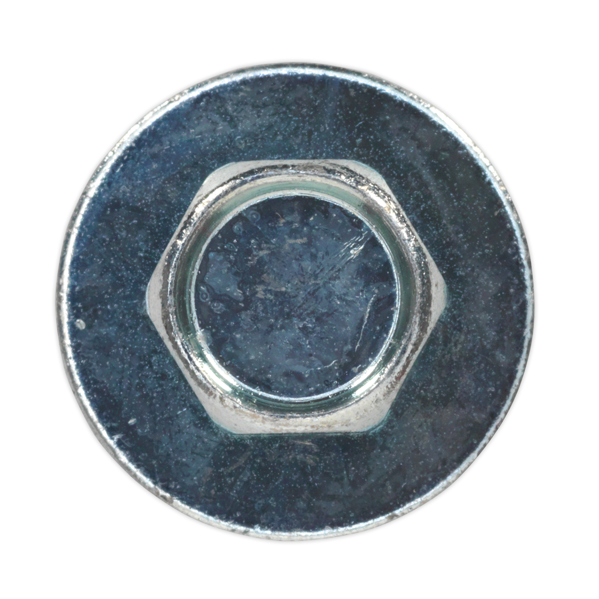 Close-up of the Sealey Acme Screw with Captive Washer M14 x 1/2" Zinc (Pack of 100 - ASW141), showcasing its six-sided metal bolt head, against a white background.