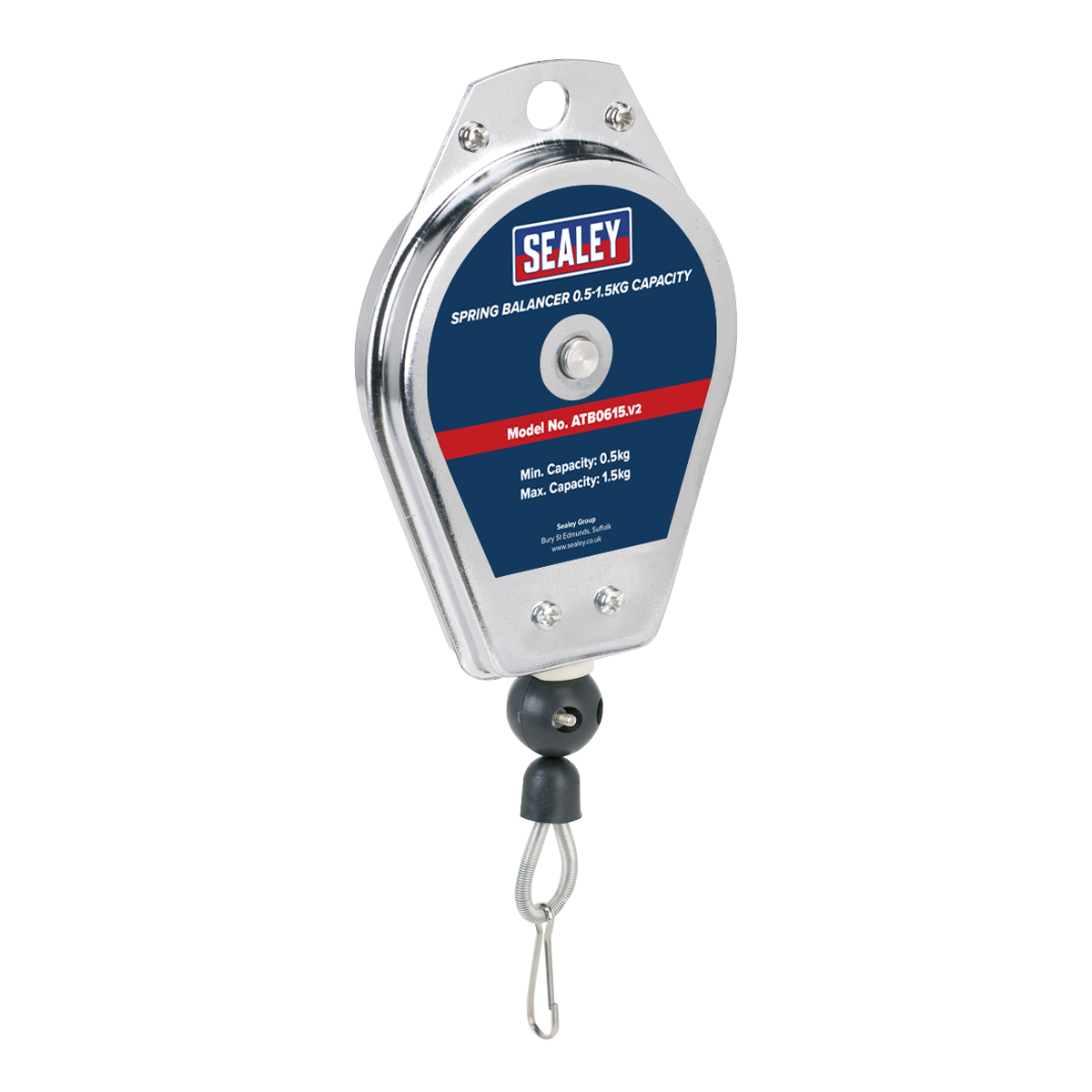 A Sealey Spring Balancer, model number ATB0615 with a 0.5-1.5kg capacity, features a metal casing and multi-strand steel cable to ensure durability. Equipped with a bottom hook and a label displaying specifications, it provides excellent tool support to reduce operator fatigue during use.