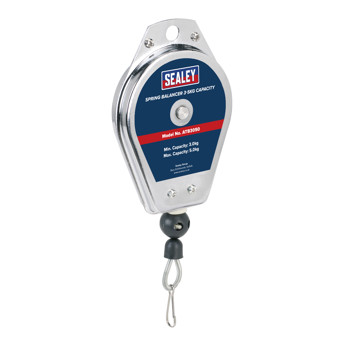 A Sealey Spring Balancer with a 3-5 kg capacity, ideal for tool attachment. The model number is ATB3050, featuring a blue and red label, multi-strand steel cable, and a metal hook at the bottom for fine load adjustment.