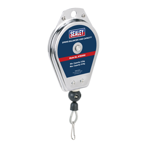 A Sealey Spring Balancer with a 3-5 kg capacity, ideal for tool attachment. The model number is ATB3050, featuring a blue and red label, multi-strand steel cable, and a metal hook at the bottom for fine load adjustment.