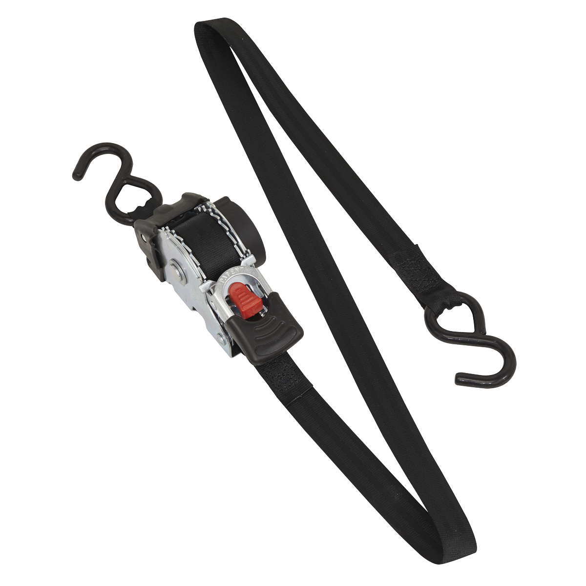 The Sealey Auto Retractable Ratchet Tie Down 25mm x 3m (ATD25301) features a black polyester webbing strap with metal hooks on both ends, designed for load restraint. The strap is partially extended, showcasing the visible ratchet mechanism.