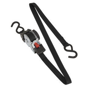 The Sealey Auto Retractable Ratchet Tie Down 25mm x 3m (ATD25301) features a black polyester webbing strap with metal hooks on both ends, designed for load restraint. The strap is partially extended, showcasing the visible ratchet mechanism.