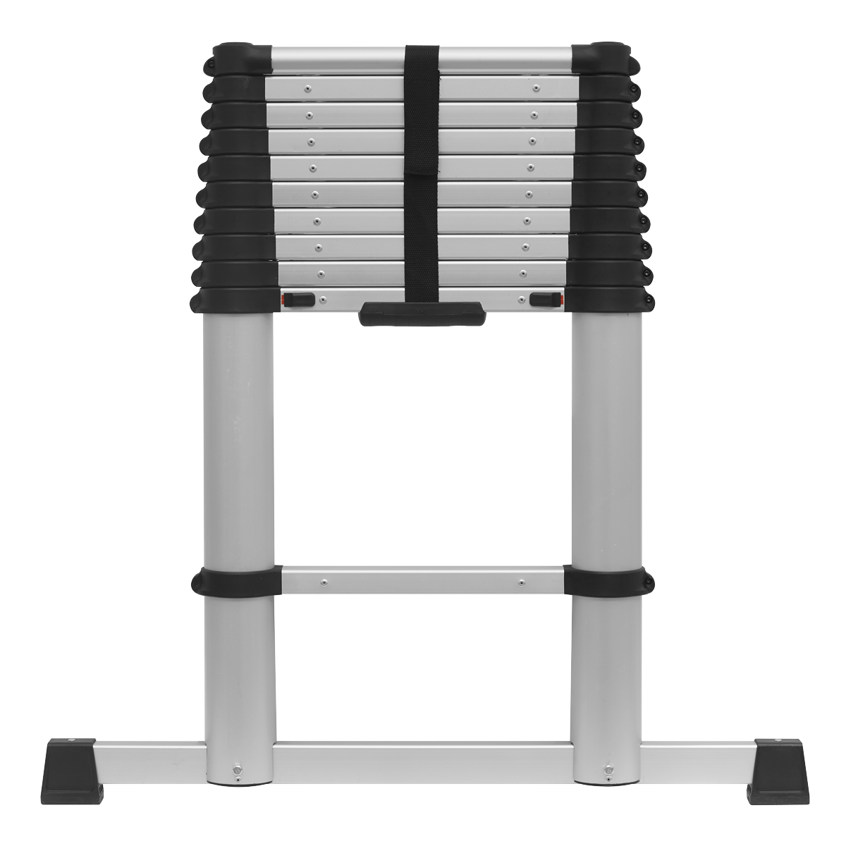 The Sealey Aluminium Telescopic Ladder 11-Tread EN 131 - ATL11, featuring a silver finish with black connectors and a lightweight aluminium frame, is folded and secured with a black strap, standing upright against a white background.