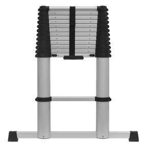 The Sealey Aluminium Telescopic Ladder 13-Tread EN 131 (ATL13) features a collapsible, adjustable-height design with black plastic fittings at the joints and bottom.